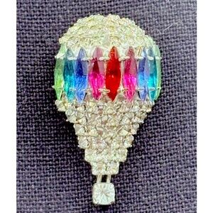 Vintage Hot Air Balloon Rainbow Rhinestone Pin Dorothy Bauer 1.5” Lapel Pin